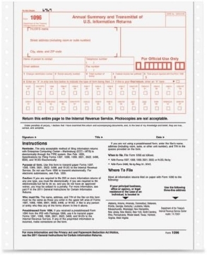 Picture of Wholesale CASE of 25 - Tops 1096 Tax Form-1096 Tax Form, With Carbon, 8"x11", 10/PK, White