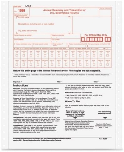 Picture of Wholesale CASE of 25 - Tops 1096 Tax Form-1096 Tax Form, With Carbon, 8"x11", 10/PK, White