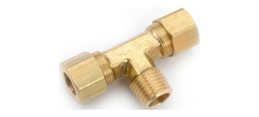 Picture of JMF COMPANY 4503934 JMF 3/8 in. Dia. x 3/8 in. Dia. x 1/4 in. Dia. Compression to Compression to MPT Yellow Brass Tee (EA)