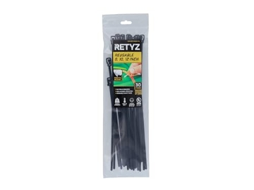 Picture of NETCONNEX LLC RTZ-MBK01-MA RETYZ Releasable Cable Ties Combo Pack, 30 Pack, 50 lb Tensile Strength, Multi-Size (8-Inch, 10-Inch, 12-Inch), All Black, Heavy Duty Zip Ties, Reusable, Patented Quick-Release Design (EA)