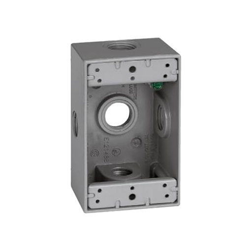 Picture of SIGMA ENGINEERED SOLUTIONS 14251-5X SIGMA ENGINEERED SOLUTIONS 14251-5X Metal Electrical Outlet Box, Weatherproof, Easy Mount Plug and Receptacle Protector, Gray, (5) 1/2-Inch Holes, 1 Gang Box with Side Entry (EA)