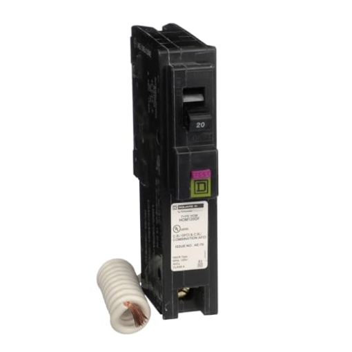 Picture of Square D HOM120DFC Square D by Schneider Electric Homeline 20 Amp Mini Circuit Breaker, 1 Pole, 120V AC, 10kA Breaking Capacity, Plug in Mount, Combo ARC/Ground Fault, Residential Use (HOM120DFC) (EA)