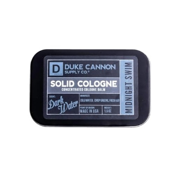 Picture of DUKE CANNON SCMIDNIGHT1 Duke Cannon Supply Co. Solid Cologne for Men Midnight Swim - Cold Water, Crisp Greens, Fresh Air - Concentrated Balm, Coconut Oil, Travel-Friendly Tin, 1.5 oz (1 unit) (EA)