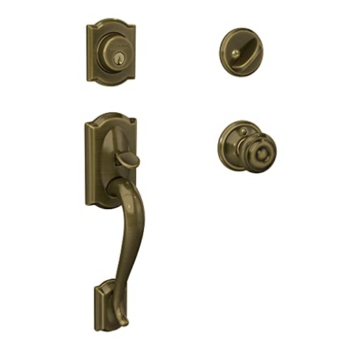 Picture of Ingersoll Rand F60GCAM609GEO Schlage F60 V CAM 609 GEO Camelot Front Entry Handleset with Georgian Knob, Deadbolt Keyed 1 Side, Antique Brass (EA)