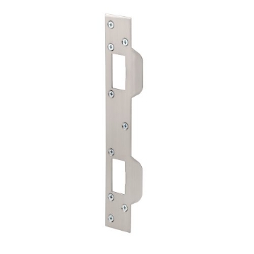 Picture of Prime U 10385 Prime-Line U 10385 Door Strike, for Use with 5-1/2 In. and 6 In. Hole Spacing On Dead Latch and Deadbolt, Steel, Satin Nickel (Single Pack) (EA)