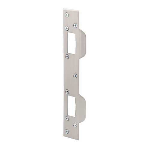 Picture of Prime U 10385 Prime-Line U 10385 Door Strike, for Use with 5-1/2 In. and 6 In. Hole Spacing On Dead Latch and Deadbolt, Steel, Satin Nickel (Single Pack) (EA)