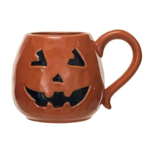 Picture of CREATIVE CO-OP HX1894 16 oz. Debossed Stoneware Jack-O-Lantern Shaped Mug, Orange Color & Black (PK-6-EA)