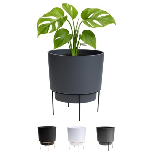 Picture of Bloem, Lcc. HOP06908-M Bloem Hopson Decorative Resin Cachepot with Metal Stand, 6" Indoor and Outdoor Planter with Black Metal Stand, Charcoal (EA)