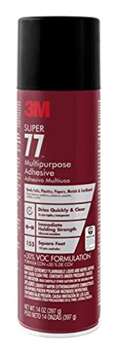 Picture of 3M 77-VOC30DSC 3M Super 77 Multipurpose Spray Adhesive, Low VOC, 14 oz., Meets California VOC requirements, Use on Wood, foam, Fiberglass, Glass, Leather, Paper, Plastic, Rubber, Fabric (77-VOC30DSC) (EA)