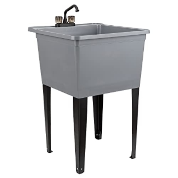 Picture of TEHILA 202491 Tehila Basics by JS Jackson Supplies 21-Gallon Grey Freestanding Utility Sink with Black 2-Handle Faucet, Heavy Duty Plastic Laundry Tub with Adjustable Legs (EA)