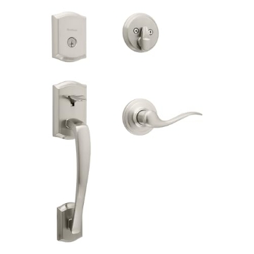 Picture of Kwikset 98180-021 Kwikset Prescott Front Door Lock Handle and Deadbolt Set, Entry Handleset Exterior with Interior Reversible Lever, Satin Nickel, Pick Resistant SmartKey Rekey Deadbolt Security (EA)
