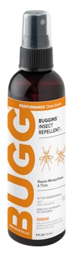 Picture of BUGG PRODUCTS 12002 BUGGINS IV Performance - Insect Repellent - Mosquitoes, Gnats, Ticks, and Biting Flies, 25% DEET, Powdery Scent - 4 oz Pump Spray Bottle (EA)
