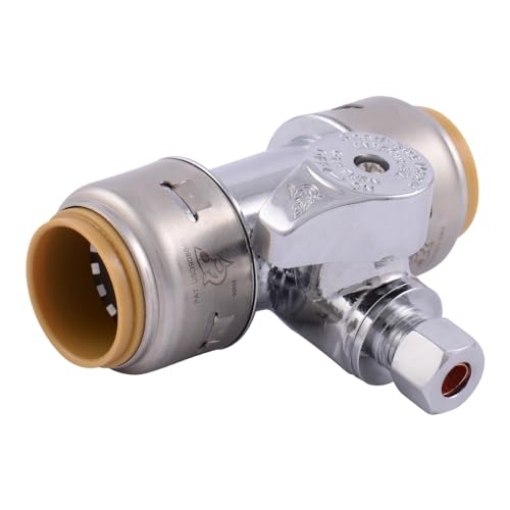 Picture of Shark Industries Ltd UR24985A SharkBite Max Tee Stop Valve, 3/4 x 3/4 in Push-to-Connect x 1/4 in Compression, Brass Plumbing Fitting, Chrome Finish, UR24985A (EA)