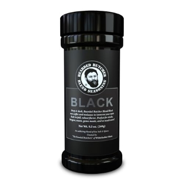 Picture of WHITEFEATHER MEATS LLC BB-4124 Bearded Butchers Black Blend Seasoning, 9.5 oz Large Shaker – Coffee & Molasses Flavor for Steaks, Brisket, Burgers, Roasts, Game Meats – Gluten-Free, No MSG, Low Calorie, Rich, Versatile Seasoning (EA)