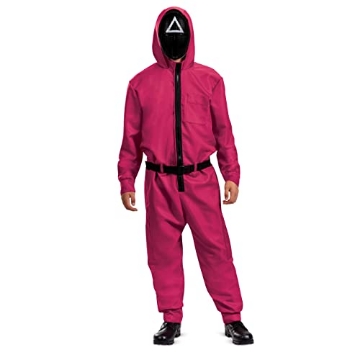 Picture of Disguise DG144279SM Disguise unisex adult Squid Game Guard Costume, Official Squid Game Jumpsuit and Triangle Mask Sized Costumes, As Shown, Small US (EA)