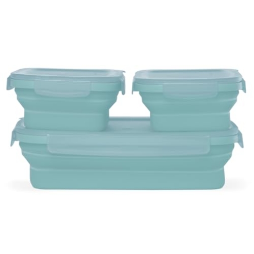 Picture of COLBAR LLC SCNDZ-3PK-1-ICE Drip EZ Secondz Collapsible Food Storage Containers (set of 3) - Meal Prep, Leftovers, Lunch, Camping, Hiking - Dishwasher & Microwave Safe - BPA-free Silicone - Locking Lids - Ice Blue (EA)
