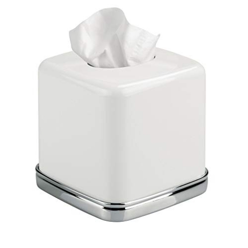 Picture of Interdynamics 74131 iDesign York Facial Tissue Box Cover, Vintage Holder for Bathroom Vanity Countertops, 5.75" x 5.75" x 5.5", Chrome and White (EA)