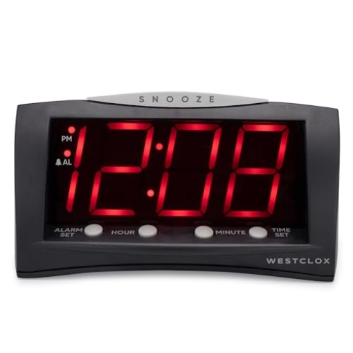 Picture of WESTCLOX(R) 66705A Westclox Digital Alarm Clock for Bedroom or Office, Large 1.8" Red LED Display with Oversized Snooze Bar, Corded with Battery Backup, (Black, 8-Inch) (EA)