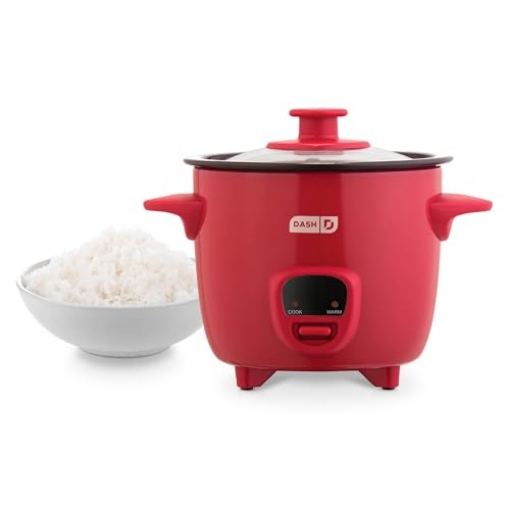Picture of DASH DRCM200GBRD04 DASH Mini Rice Cooker Steamer with Removable Nonstick Pot, Keep Warm Function & Recipe Guide, Half Quart, for Soups, Stews, Grains & Oatmeal - Red (EA)