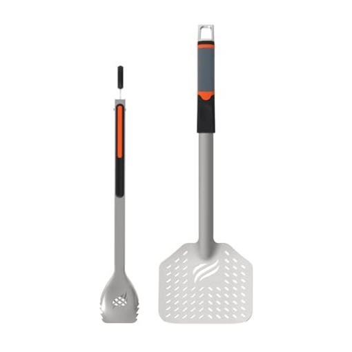 Picture of Blackstone 5282 Blackstone 5282 Frying Tongs and Skimmer Spatula Set for Barbeque and Grilling 1 Long Handled Tong with Square Hang Loop, 1 Large Slotted Air Fryer Basket Scoop, Stainless Steel, Silicone Grip (EA)