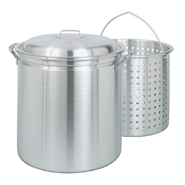 Picture of Bayou Classic 4042 Bayou Classic 4042 42-qt Aluminum Stockpot w/Basket Features Domed Vented Lid Heavy Riveted Handles Perforated Aluminum Basket Perfect For Boiling Steaming and Canning Handcrafted Design (EA)