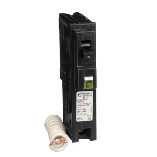 Picture of Square D HOM115CAFIC Square D by Schneider Electric Homeline 15 Amp Mini Circuit Breaker, 1 Pole, 120V AC, 10kA Breaking Capacity, Plug in Mount, CAFI/CAFCI, Pigtail Neutral Residential Use (HOM115CAFIC) (EA)