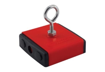 Picture of Magnet Source 07504 Master Magnetics 07504 Retrieving and Holding Magnet, Durable Plastic, 40 lb, 2.375" Length, 2.375" Width, 0.75" Height with Eyebolt, Nuts and Magnetic Shields, Red/Black (EA)