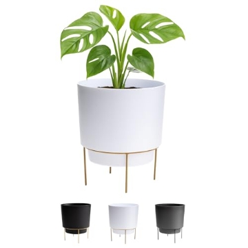 Picture of Bloem, Lcc. HOP1409-M Bloem Hopson 14" Round Casper White Plastic Resin Planter with Drainage Holes and Gold Metal Stand, Made in USA (EA)