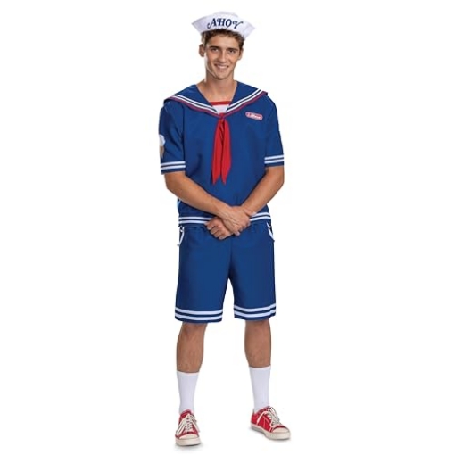 Picture of Disguise DG123689D Disguise Stranger Things Steve Scoops Ahoy Costume, Official Stranger Things Costume with Top and Hat, Adult Size (42-46) (EA)