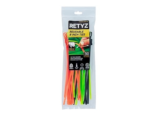 Picture of NETCONNEX LLC RTZ-MBA01-MA RETYZ Releasable Cable Ties Combo Pack, 30 Pack, 50 lb Tensile Strength, 8-Inch, Multi-Color (Black, Fluorescent Orange, Fluorescent Green), Heavy Duty Zip Tie, Reusable, Patented Quick-Release Design (EA)