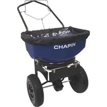 Picture of GLB 8201A Chapin 8201A Made in The USA 80-Pound Sure Spread Salt and Ice Melt Walk Behind Spreader, Front and Side Baffles, 12" Tires, U-Shaped Flip-up Handle, Steel Frame, Enclosed Gear Box, Blue (EA)