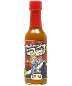 Picture of TORCHBEARER SAUCES TBHBHM Torchbearer Sauces Honey Badger Hot Sauce, 5oz, Scorpion and Carolina Reaper Peppers Sauce, Heat level 8 - Featured on Hot Ones - All Natural, Extract-Free, Made in USA (EA)