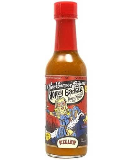 Picture of TORCHBEARER SAUCES TBHBHM Torchbearer Sauces Honey Badger Hot Sauce, 5oz, Scorpion and Carolina Reaper Peppers Sauce, Heat level 8 - Featured on Hot Ones - All Natural, Extract-Free, Made in USA (EA)