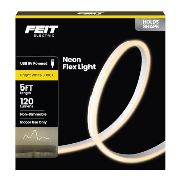 Picture of FEIT ELECTRIC CO NF5/3K/USB Feit Electric 5ft Indoor USB-Powered White Neon Flex Light, 120 Lumens, 3000K Bright Glow, 25,000-Hour Lifetime, Easy-to-Shape Display Lighting for Bedrooms, Dorms, Desks and More, NF5/3K/USB (EA)