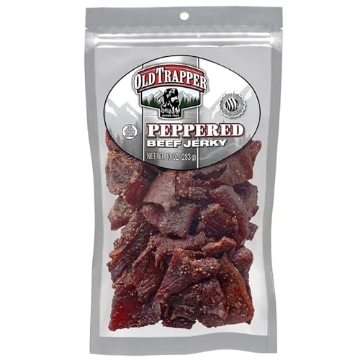 Picture of OLD TRAPPER SMOKED PRODUCTS INC 22212T Old Trapper Beef Jerky, Peppered 10-Ounce Pack, Spicy Meat Snacks for Lunches or Between Meals, 11 Grams of Protein, Zero Grams of Fat, and 70 Calories per Ounce (Pack of One) (EA)