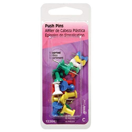 Picture of HILLMAN 122643 Hillman Assorted Push Pins 16 pk - Case of: 6; Each Pack Qty: 16; Total Items Qty: 966 (PK-6-EA)