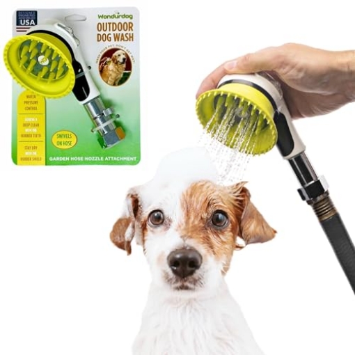 Picture of WONDURDOG LLC WD002 Wondurdog Outdoor Dog Wash Garden Hose Nozzle for Bath and Quick Paw Rinses. Splash Shield Handle and Rubber Grooming Brush. Metal Connection. Swivels on Hose with Water Pressure Control. (EA)