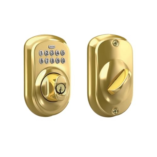 Picture of Ingersoll Rand BE365VPLY505 Schlage BE365 V PLY 505 Plymouth Keypad Deadbolt, Electronic Keyless Entry Lock, Bright Brass (EA)