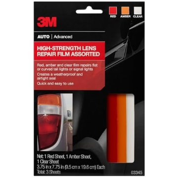 Picture of 3M 03345 3M Auto High-Strength Lens Repair Film, 3.5 in x 7.75 in, Assorted Sheets: Red / Amber / Clear, Weatherproof & Airtight Seal, Flexible Film Repairs Flat or Curved Lenses on Truck & Car Lights (03345) (EA)