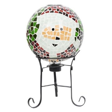 Picture of Alpine Dairy, Inc. HGY362A-SLR Alpine Corporation HGY362A-SLR 10" Diameter Solar Santa Mosaic Glass Gazing Globe with Foldable Metal Stand, 17" Tall with Stand, Rechargeable Battery Included, Outdoor Holiday Decoration (EA)