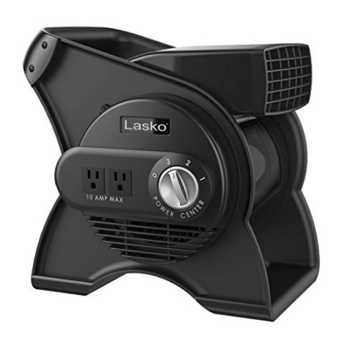 Picture of Lasko U12104 Lasko Portable Utility Fan, 12” 289 CFM Pivoting High Velocity Air Mover Blower Fan, 3 Speeds, 2 Accessory Outlets 120V, Black, U12104 (EA)