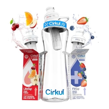 Picture of CIRKUL INC 850021373252 Cirkul 22oz. BPA-Free Plastic Water Bottle Starter Kit with Blue Lid, 3 Flavor Cartridges (1 LifeSip Fruit Punch, 1 FitSip Mixed Berry, 1 GoSip Black Cherry) Zero Calories and No Sugar (EA)