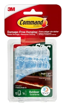 Picture of 3M 17301CLRAW-ES Command Outdoor Rope Light Clips, 12 Hooks and 16 Command Strips, Damage Free Hanging Christmas Decorations with Weather Resistant Strips, Wall Clips for Hanging Outdoor Lights and Cable Management (EA)