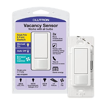Picture of LUTRON ELECTRONICS CO MS-VPS5MH-WH Lutron Maestro Vacancy Motion Sensor Light Switch for Bathroom, Garage, Laundry Room, and Closet, for Any Light Bulbs, Vacancy Sensor Only, Single-Pole Only, No Neutral Required, MS-VPS5MH-WH, White (EA)