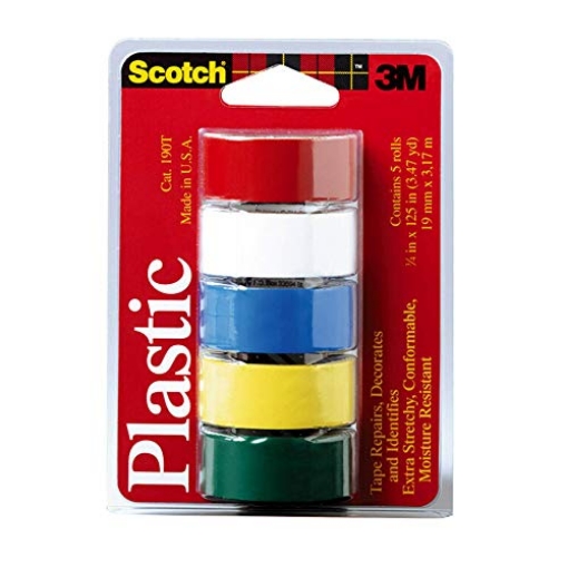 Picture of Scotch-Brite 190T Scotch Plastic Tape, 5 Rolls, 3/4 in x 10.4 ft, Multi-Color Pack, Ideal for Repairs, Stretchy Thin Waterproof Material, Red, White, Blue, Yellow & Green, Moisture Resistant Vinyl Plastic Tape (190T) (EA)