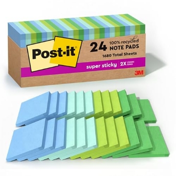Picture of 3M COMM 70007079984 Post-it 100% Recycled Paper Super Sticky Notes, 3 in. x 3 in., 24 Pads, 70 Sheets per Pad, Oasis Collection, School Supplies and Office Products (PK-24-PD)