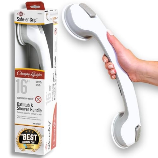Picture of SAFE-ER-GRIP S10255 Safe-er-Grip Changing Lifestyles Suction Cup Grab Bars For Bathtubs & Showers; Safety Bathroom Assist Handle, White & Grey, 16 Inches (EA)
