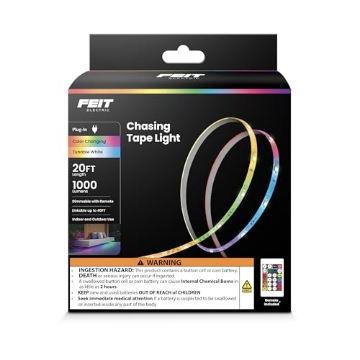 Picture of FEIT ELECTRIC CO TAPE240/CHASE Feit Electric 20ft Chasing & Tunable White LED Tape Light, RGB Colors, Dimmable, Cut-to-Size, Linkable Up to 40ft, Remote Control, Indoor/Outdoor Plug-in Light Strip, Slim 0.4in Width, TAPE240/CHASE (EA)