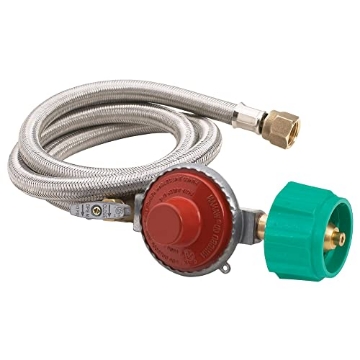 Picture of Bayou Classic M5HPR-1 Bayou Classic M5HPR-1 48-in Stainless Braided LPG Hose w/ 10-psi Adjustable High Pressure Regulator Features 3/8-in Flare Swivel Fitting Designed For Bayou Classic Cookers & Jet Cookers (EA)