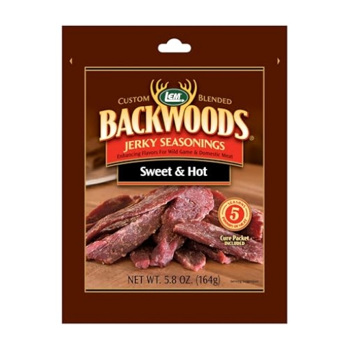 Picture of SKYWATCH CAPITAL PARTNERS INC 9141 LEM Products Backwoods Sweet & Hot Jerky Seasoning, Ideal for Wild Game and Domestic Meat, Seasons Up to 5 Pounds of Meat, 5.8 Ounce Packet with Pre-Measured Cure Packet Included (PK-6-EA)